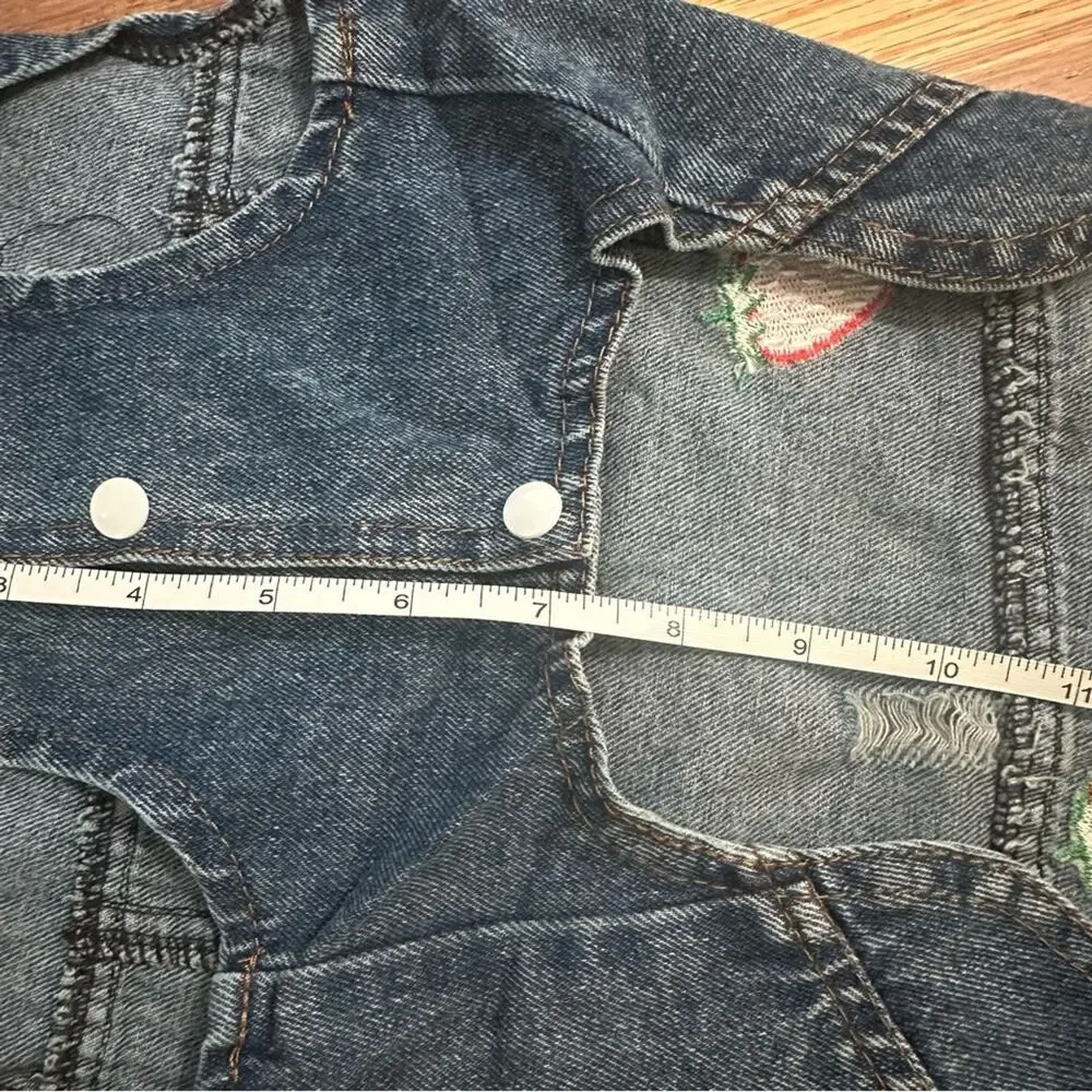 Dog Denim Jacket, Embroidered Strawberries,‎ Distressing, Pet, Snap Buttons, XL